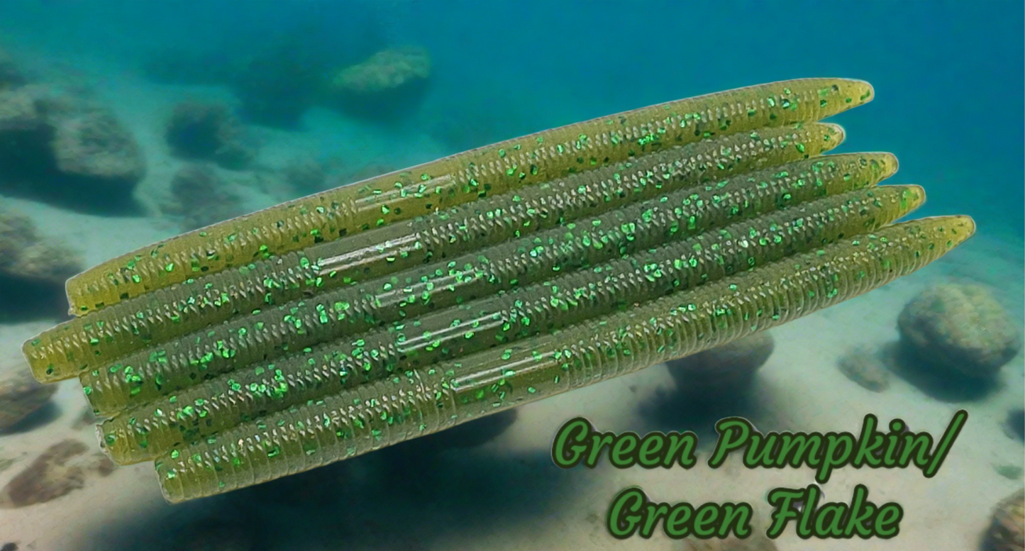 SW-2 Stick Worm 5" Green Pumpkin Green Flake 8pk.