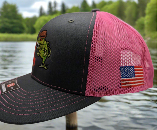C-11 Richardson 112 Snapback Hat - Grey w/Hot Pink Mesh and American Flag