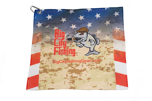 TW-2 Custom Size 16 x 16 Fishing Towel with Grommet & Carabiner - Printed both sides!