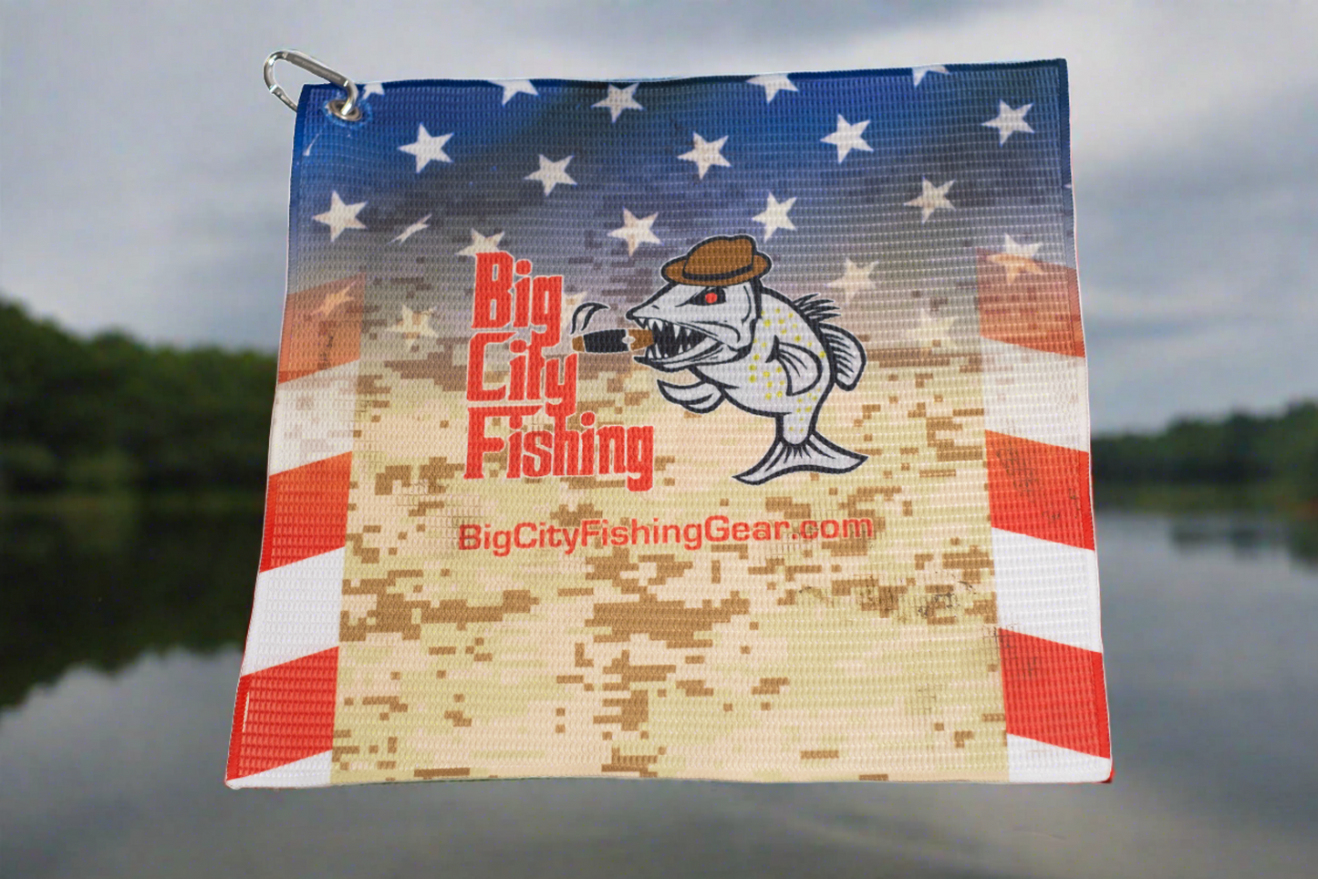 TW-2 Custom Size 16 x 16 Fishing Towel with Grommet & Carabiner - Printed both sides!