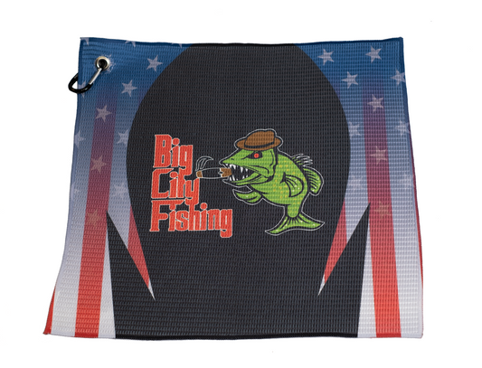 TW-1 Custom Size 16 x 16 Fishing Towel with Grommet & Carabiner. Printed both sides!